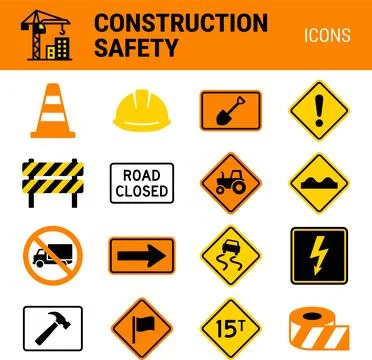 Construction Safety and Road Warning Icons Collection. 库存插图