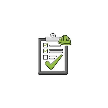 Construction safety checklist icon with hard hat and green checkmark Stock Illustration