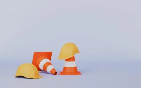 Construction Safety Cones and Helmets on Blue Background 3d illustration Stock Illustration