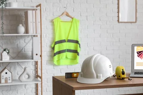 Construction safety equipment and project planning tools on desk with reflect Stock Photos