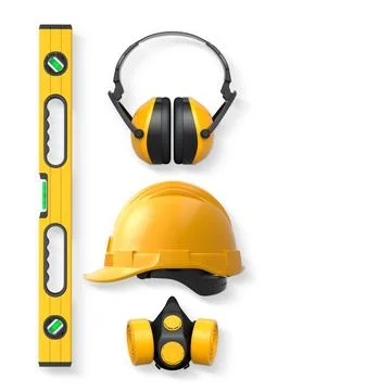 Construction safety equipment including hard hat, earmuffs, gas mask, and l.. Stock Illustration