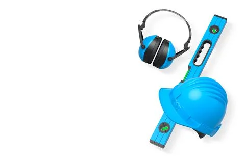 Construction safety equipment including hard hat, earmuffs, and level tool .. Stock Illustration