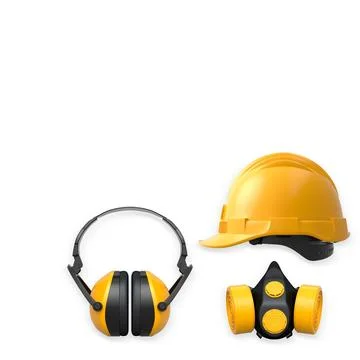 Construction safety equipment including hard hat, gas mask, and earmuffs show Stock Illustration