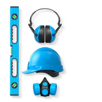 Construction safety equipment including hard hat, earmuffs, gas mask, and lev Stock Illustration