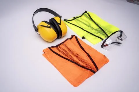 Construction Safety Gear Set With Ear Protection Stock Photos