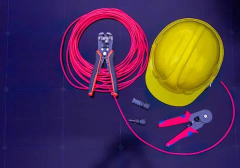 Construction safety helmet with pink electrical wires and tools Stock Photos