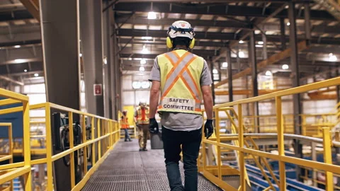 Construction safety workers walking in slow motion through factory Stock Footage 168462744