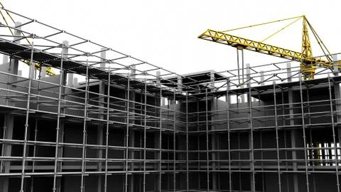 Construction scaffold crane on white background of buildings. 3D rendering Stock Illustration