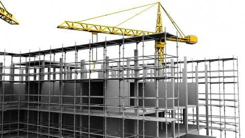 Construction scaffold crane on white background of buildings. 3D rendering Stock Illustration