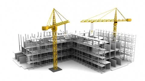 Construction scaffold crane on white background of buildings. 3D rendering Stock Illustration