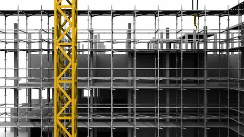 Construction scaffold crane on white background of buildings. 3D rendering Stock Illustration