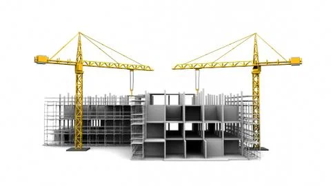 Construction scaffold crane on white background of buildings. 3D rendering Stock Illustration