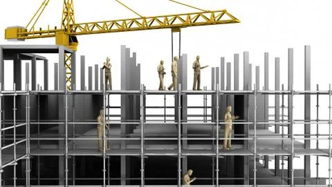 Construction scaffold crane on white background of buildings. 3D rendering Stock Illustration