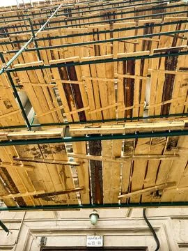 Construction scaffolding, view from the ground Stock Photos