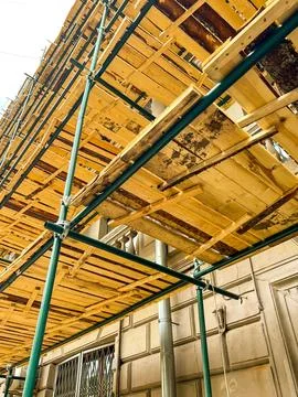 Construction scaffolding, view from the ground Stock Photos