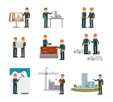 Construction ser, engineering industrial workers, builders working with building Ilustración de archivo