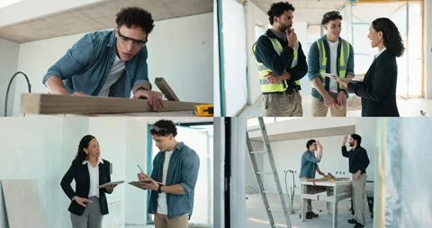 Construction, series and people with tech in building, woodworking or high five Stock Footage 343527774