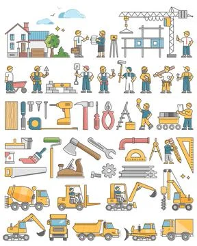 Construction set tools, instruments and equipment collection outline concept Stock Illustration