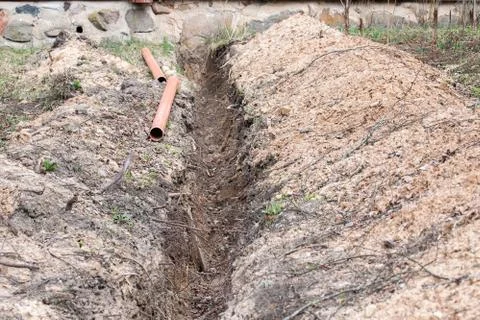 Construction of the sewerage pipeline Stock Photos