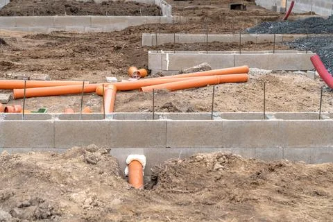 Construction of sewerage from plastic pipes Stock-Fotos
