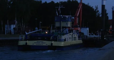 Construction Ship Barge With Excavator On The Board Swims Into The Port Barge Stock Footage 54221914