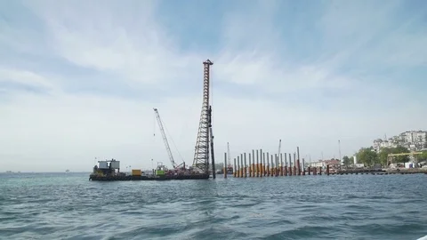 Construction ship clogs pipes near coast Istanbul Stock Footage 77240393