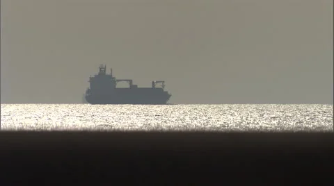 A construction ship on the sea, as seen from the shore. Stock Footage 46867061