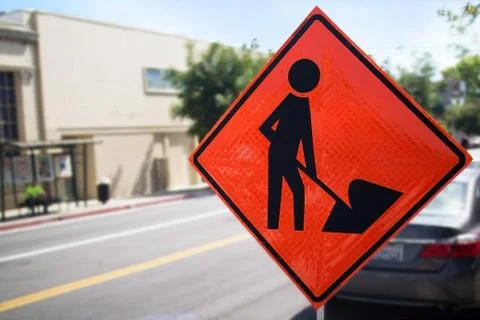 Construction Sign on side of the Road Stock Photos