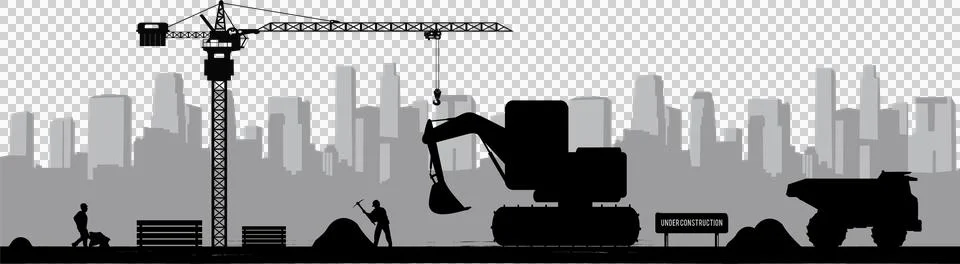 Construction silhouette showing workers operating crane and excavator, Stock Illustration