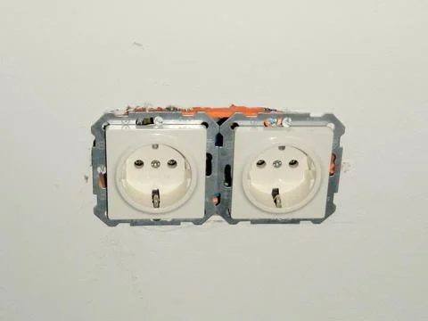 Construction Site: 2 Power Outlets in Drywall, Installation, European Style Stock Photos