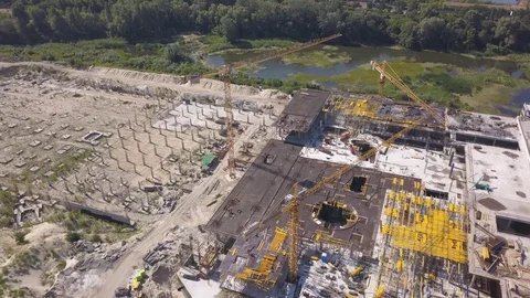 Construction site. Aerial view. Cranes on the construction site of the building Video stock 91923050