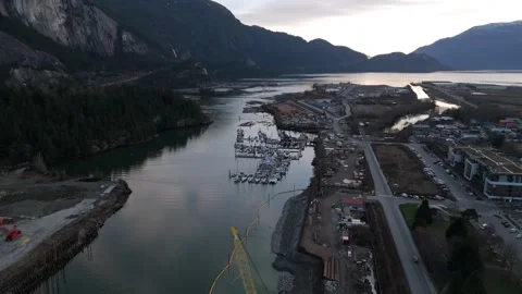 Construction Site And Marina At Sunset In Squamish, BC, Canada. Stawamus Chief Stock-Footage 332677761