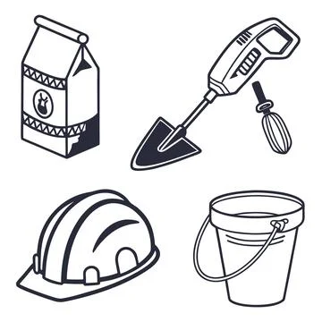 Construction site and masonry work tool icon set with hard hat and bucket Stock Illustration