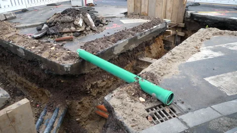 Construction site and pipe laying in the city center Stock-Footage 300224273