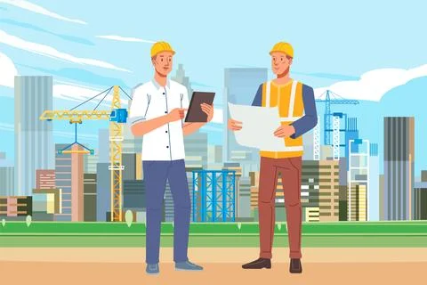 Construction site with architects and builders Civil engineer discussion Stock Illustration