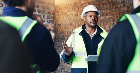 Construction site, architecture and man with discussion, tablet for online .. Stock Photos