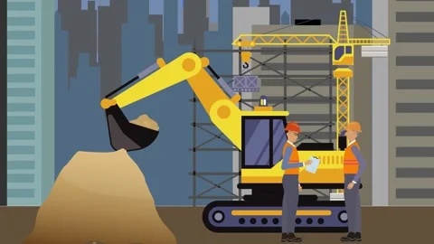 Construction site area, working on the edge of town building machines animation Video stock 309930020