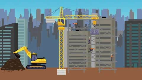 Construction site area, working on the edge of town building machines animation Vídeos de archivo 309930048