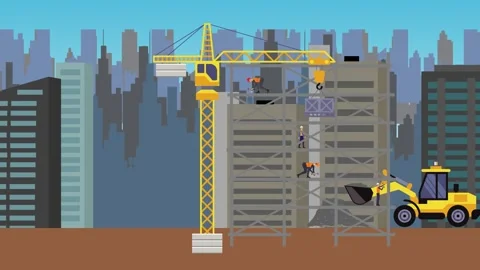 Construction site area, working on the edge of town building machines animation Vídeos de archivo 309930052