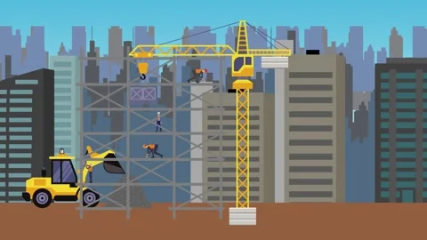 Construction site area, working on the edge of town building machines animation Vídeos de archivo 309930053
