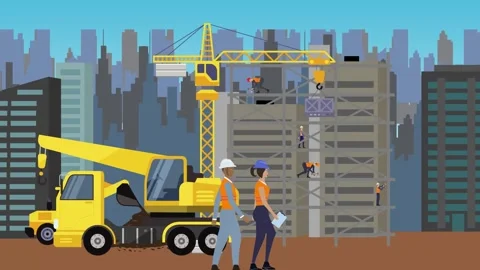 Construction site area, working on the edge of town building machines animation Vídeos de archivo 309930063