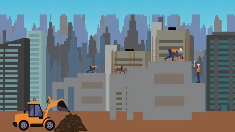 Construction site area, working on the edge of town building machines animation Vídeos de archivo 309930075