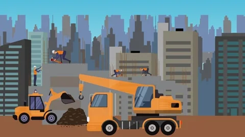 Construction site area, working on the edge of town building machines animation Vídeos de archivo 309930085