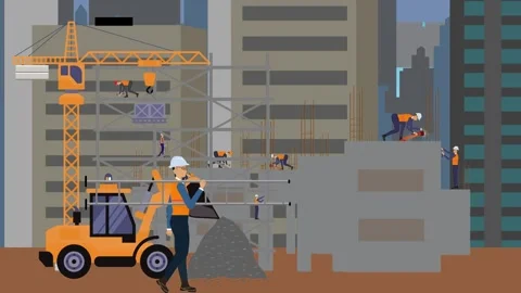 Construction site area, working on the edge of town building machines animation Vídeos de archivo 309930105