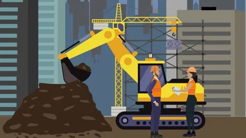 Construction site area, working on the edge of town building machines animation Vídeos de archivo 309930121