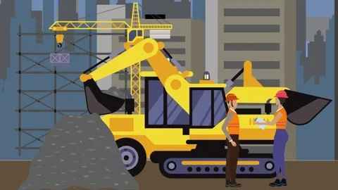 Construction site area, working on the edge of town building machines animation Vídeos de archivo 309930125