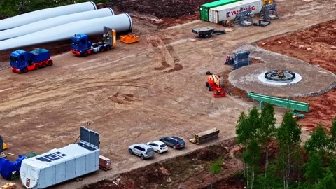 Construction Site at Augstkalni Wind Farm with Trucks and Equipment Stock Footage 336651177
