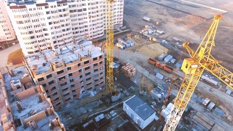 Construction site with a bird's eye. Shooting with drone. Building in the field. Stock Footage 73743471