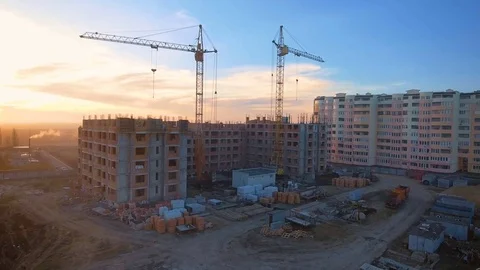 Construction site with a bird's eye. Shooting with drone. Building in the field. Stock Footage 73747115