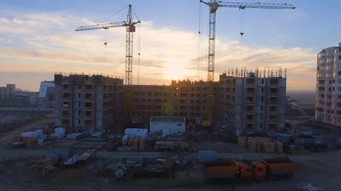 Construction site with a bird's eye. Shooting with drone. Building in the field. Stock Footage 73747900